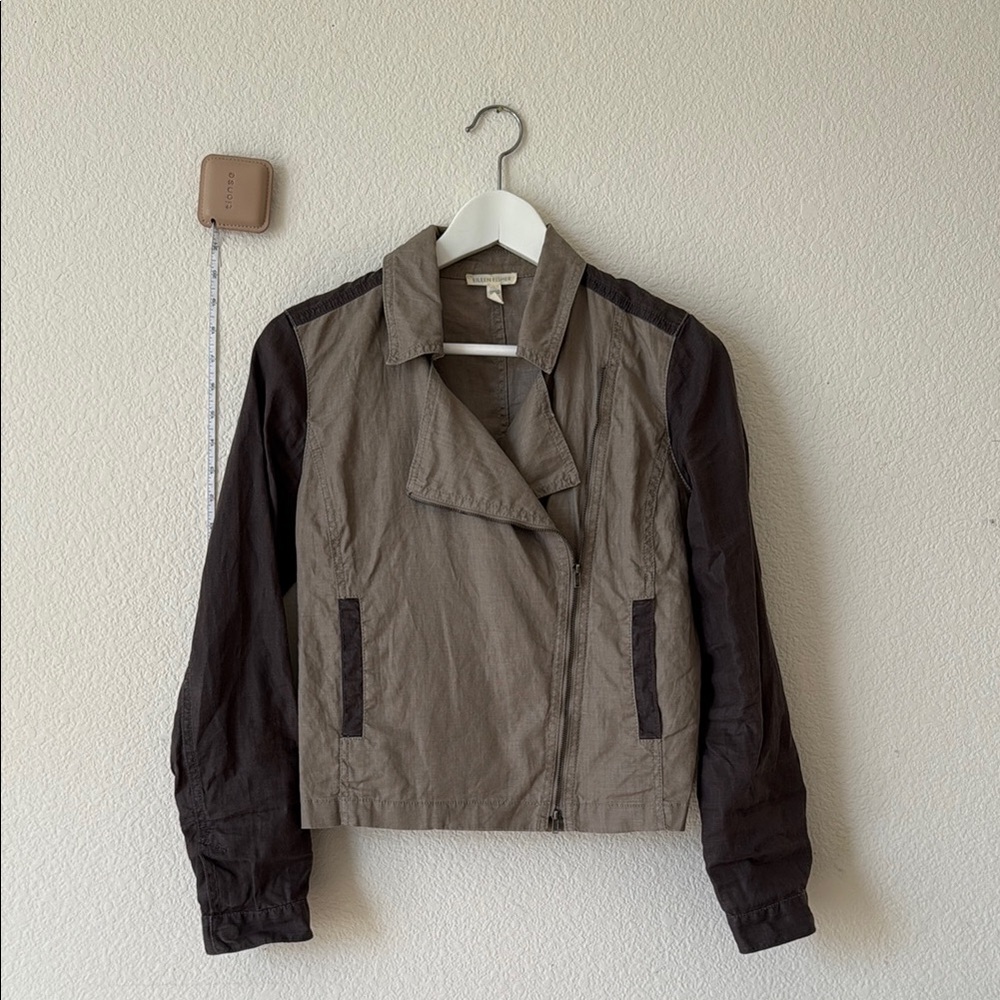 Eileen Fisher Coated Organic Linen asymmetric zip motorcycle jacket two-toned